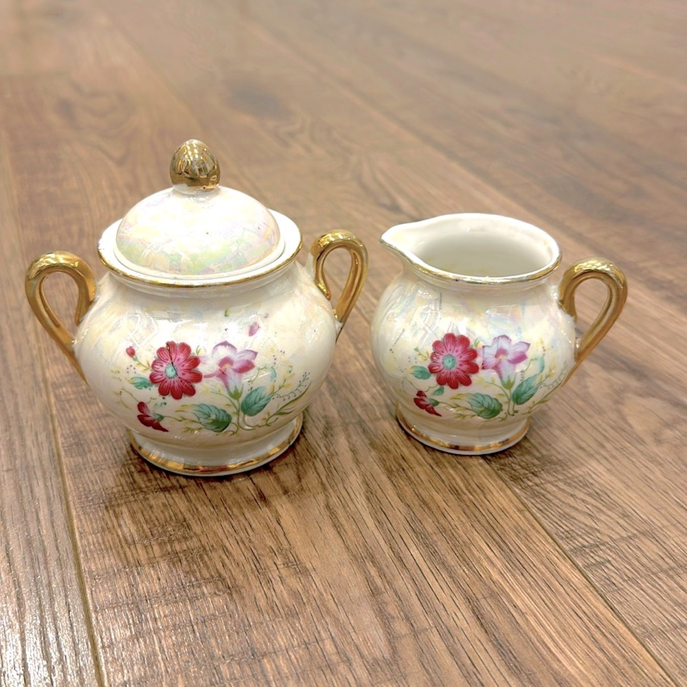 VTC Cream & Sugar Bowl Set Vintage Floral Gold Rimmed